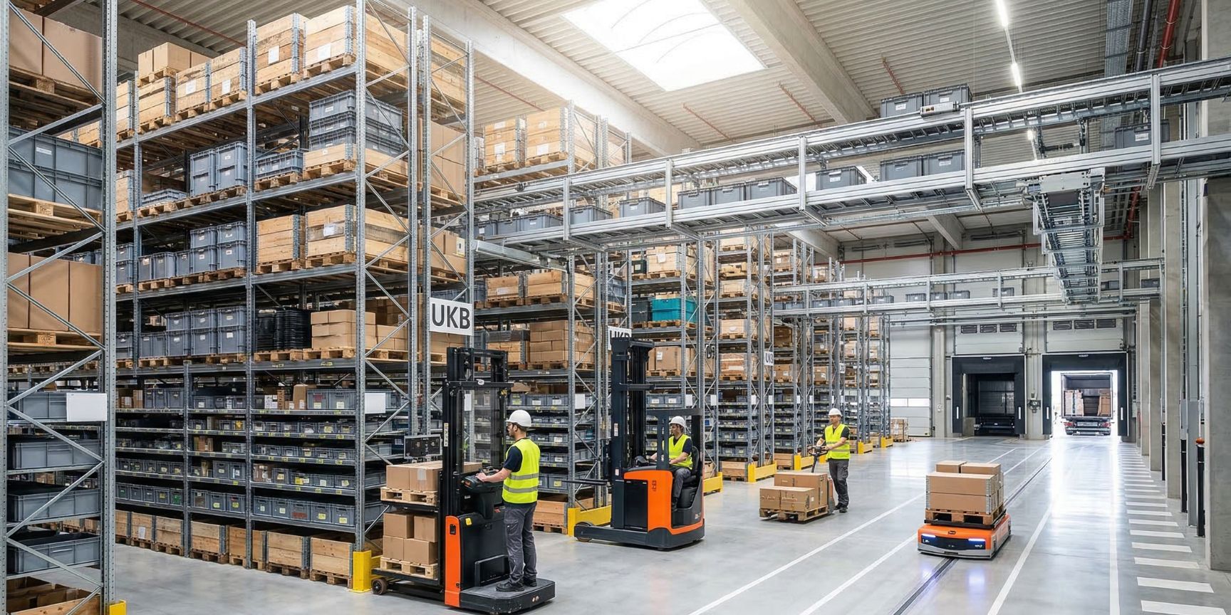 Photo of a modern high-bay warehouse with order pickers on forklifts, automatic vehicles (AGV) and conveyor technology. Optimized processes in intralogistics.